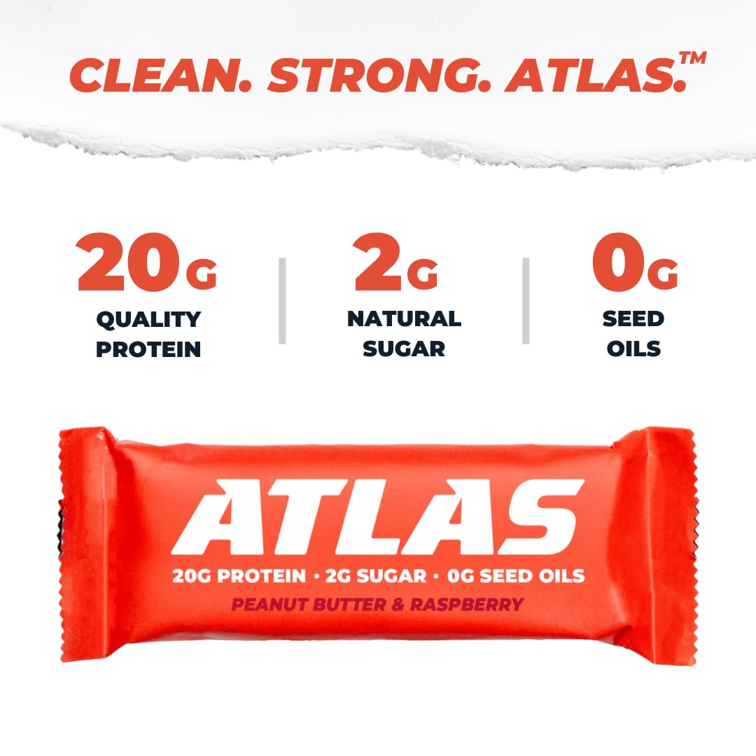 Peanut Butter Raspberry Atlas Protein Bars - 20g Protein, 1g Sugar, Clean Ingredients, Gluten Free - 12 Count x 2 Pack
