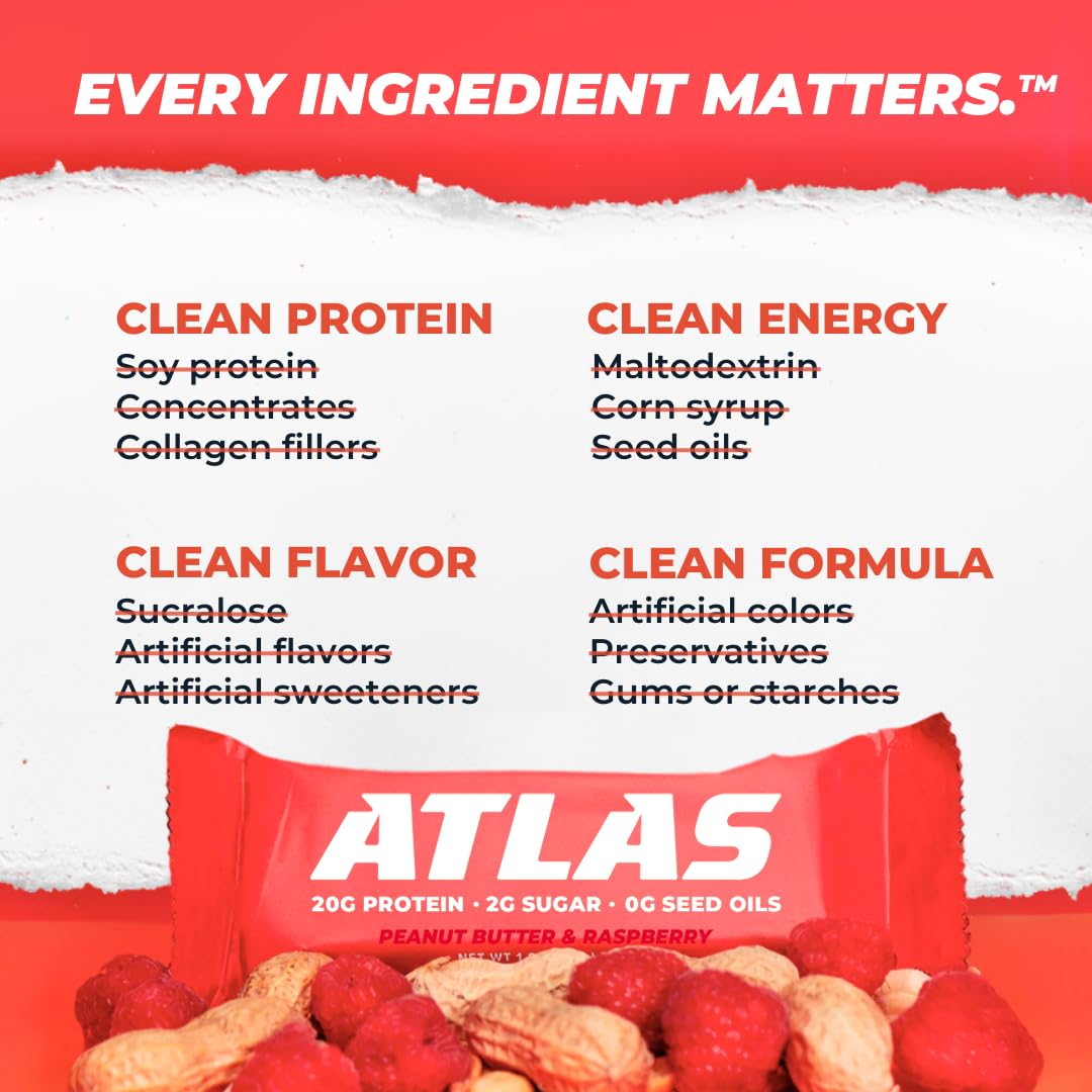 Peanut Butter Raspberry Atlas Protein Bars - 20g Protein, 1g Sugar, Clean Ingredients, Gluten Free - 12 Count x 2 Pack