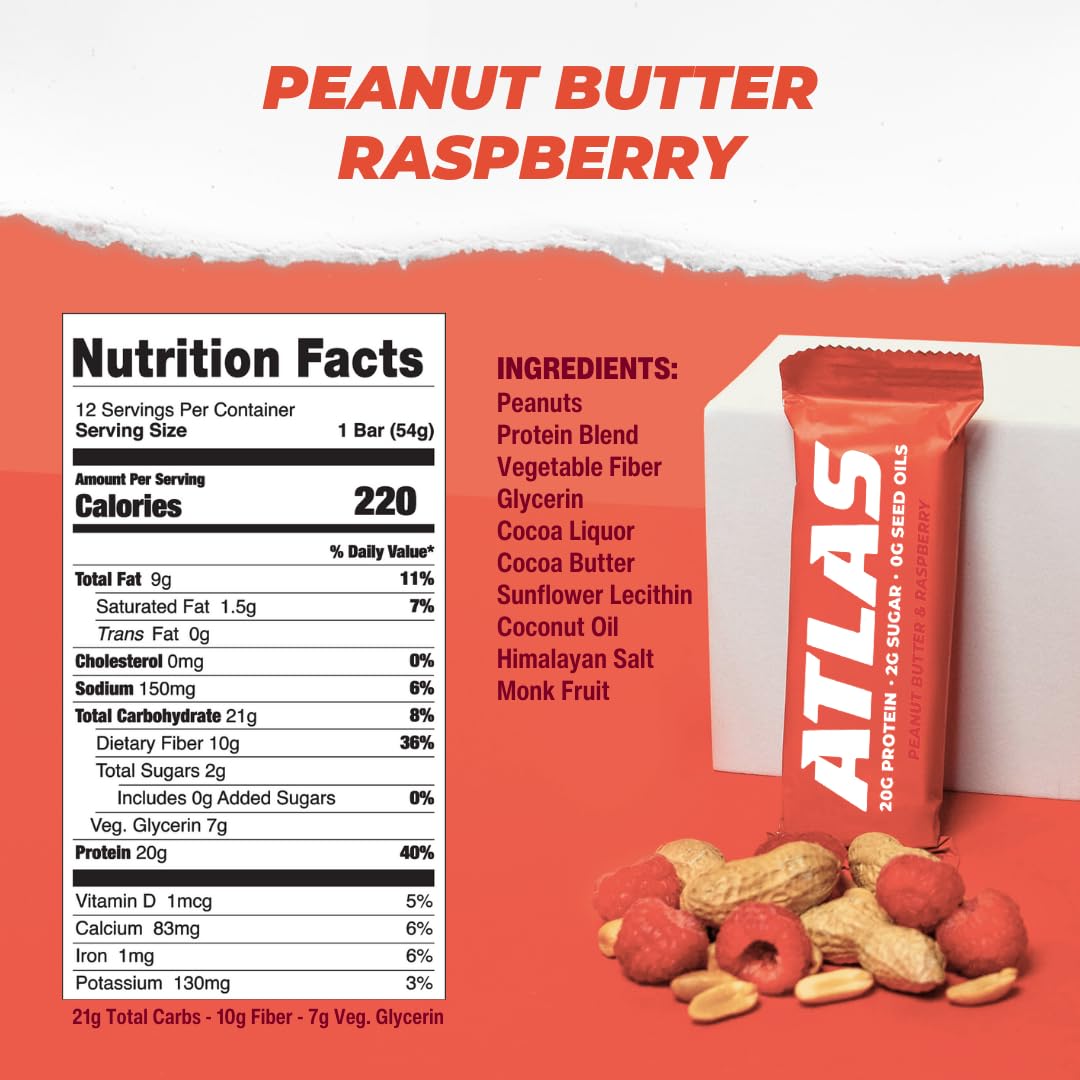 Peanut Butter Raspberry Atlas Protein Bars - 20g Protein, 1g Sugar, Clean Ingredients, Gluten Free - 12 Count x 2 Pack