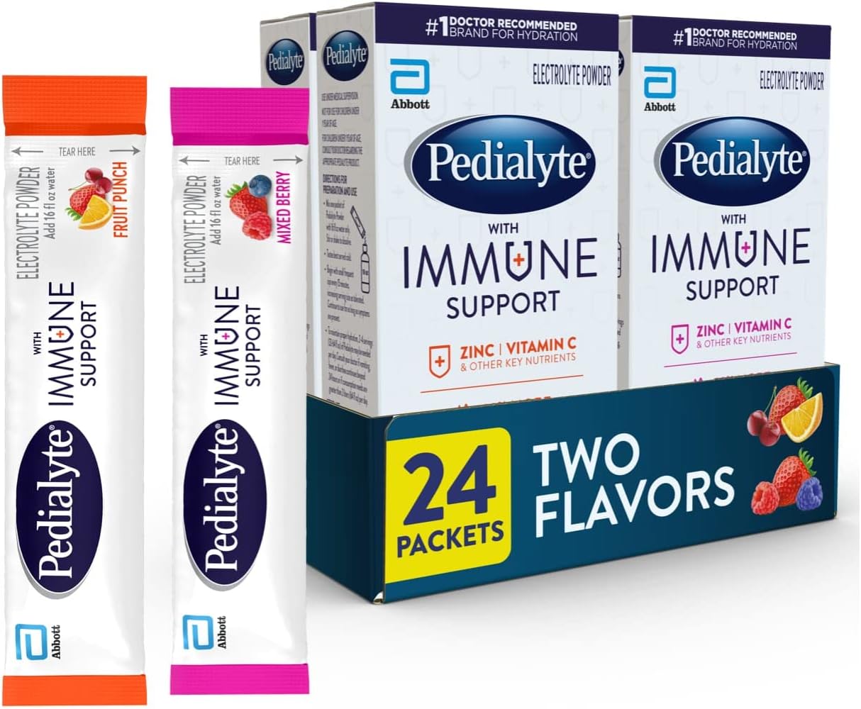Pedialyte Immune Support Electrolyte Drink Powder Packets, Mixed Berry & Fruit Punch, 6 Count x 4 Pack