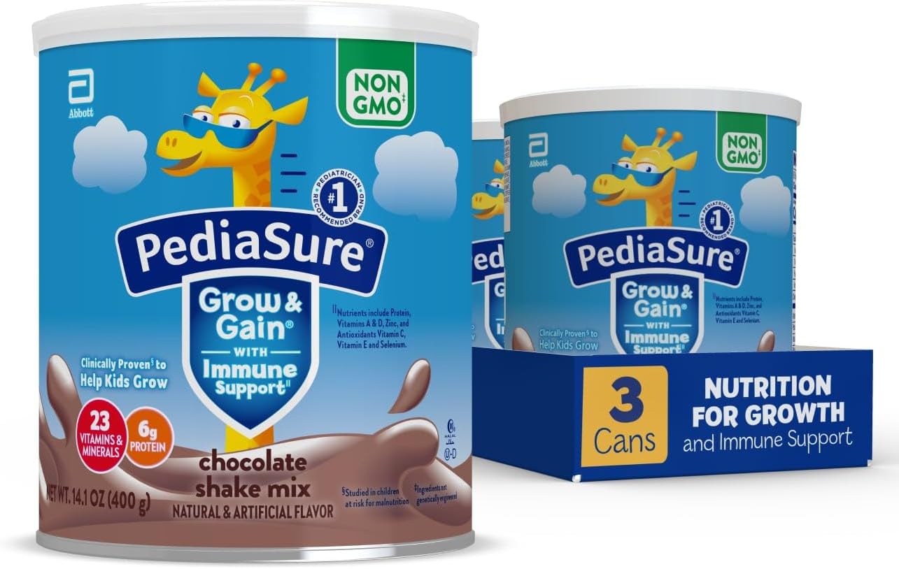PediaSure Grow & Gain Chocolate Shake Mix Powder, 14.1 oz Can, Pack of 3—24 Servings, Immune Support for Kids
