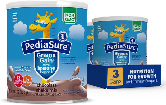 PediaSure Grow & Gain Chocolate Shake Mix Powder, 14.1 oz Can, Pack of 3—24 Servings, Immune Support for Kids