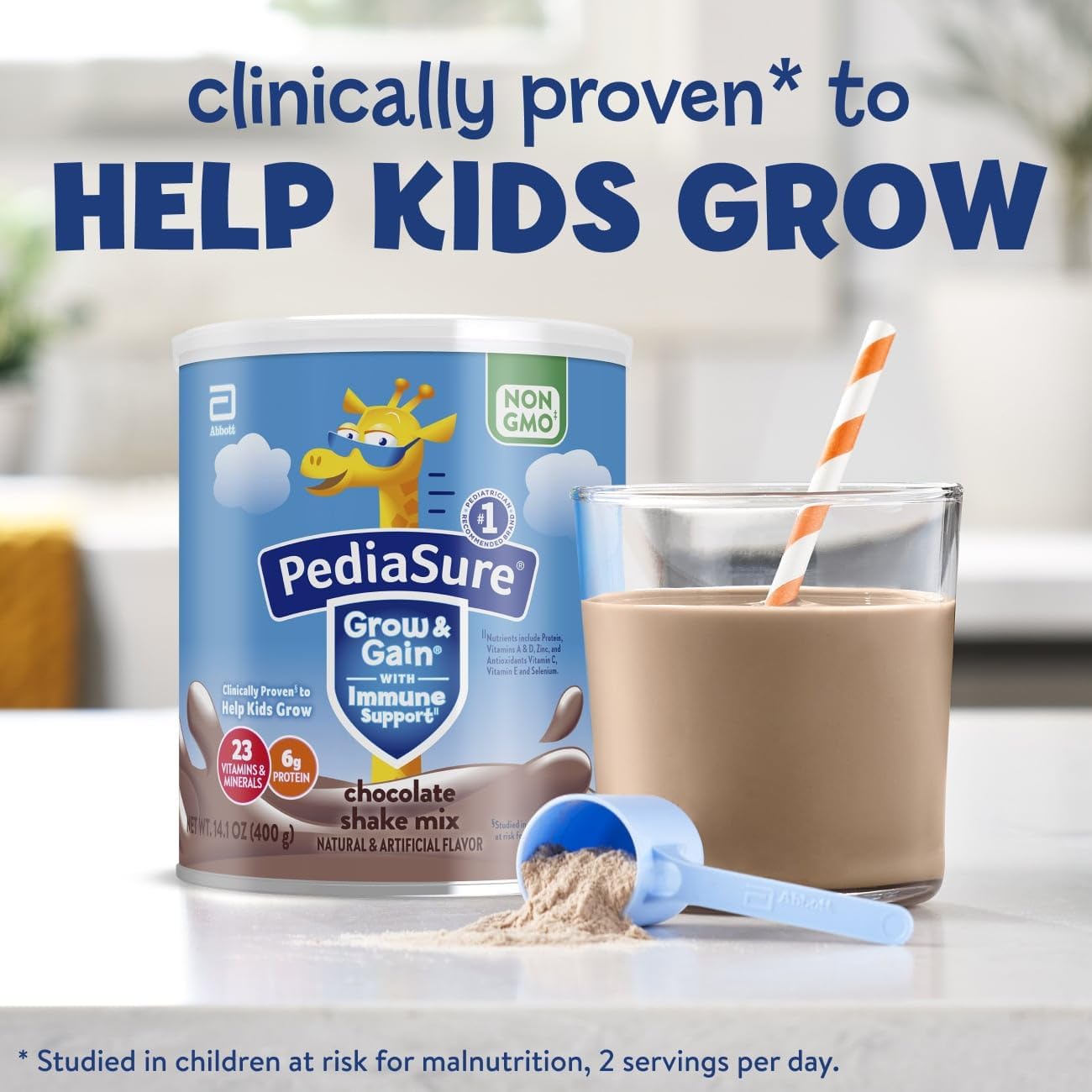 PediaSure Grow & Gain Chocolate Shake Mix Powder, 14.1 oz Can, Pack of 3—24 Servings, Immune Support for Kids