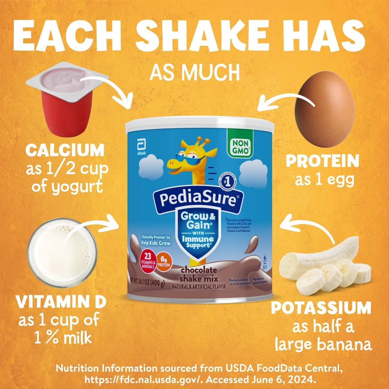 PediaSure Grow & Gain Chocolate Shake Mix Powder, 14.1 oz Can, Pack of 3—24 Servings, Immune Support for Kids