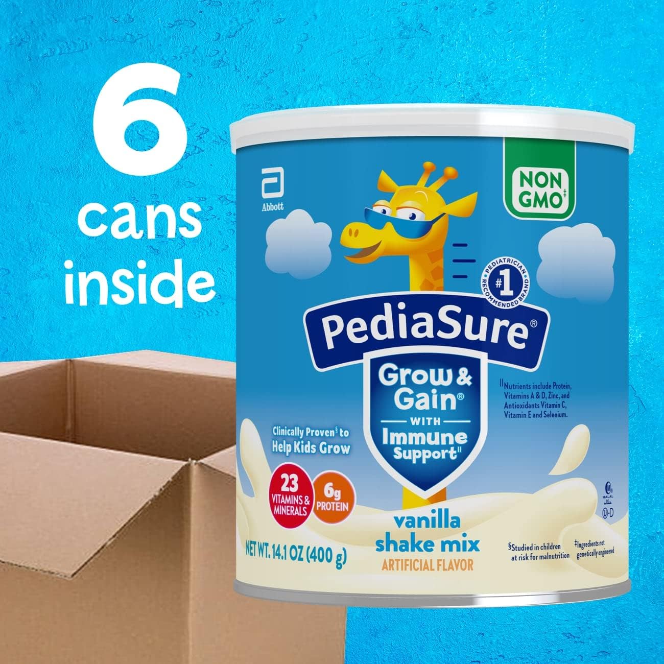 PediaSure Grow & Gain Vanilla Protein Shake Mix Powder, Immune Support, 6 Pack—48 Servings, 14.1 oz Can - BoostGo Australia