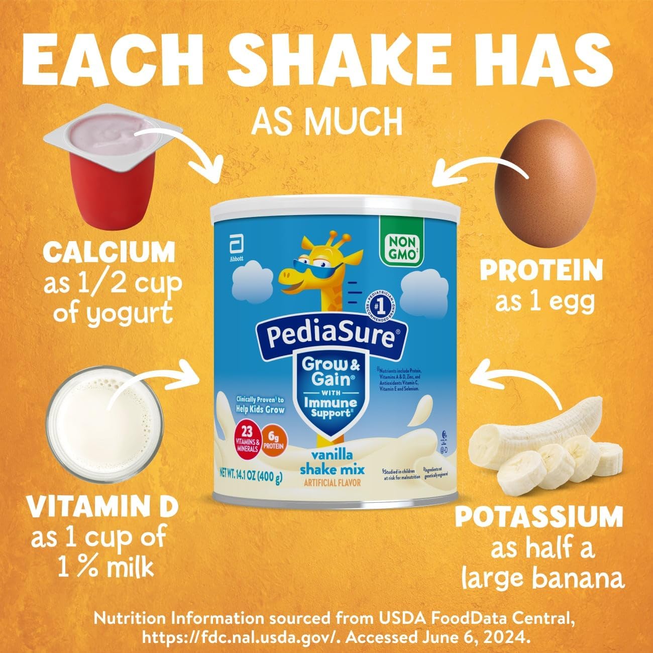 PediaSure Grow & Gain Vanilla Protein Shake Mix Powder, Immune Support, 6 Pack—48 Servings, 14.1 oz Can - BoostGo Australia