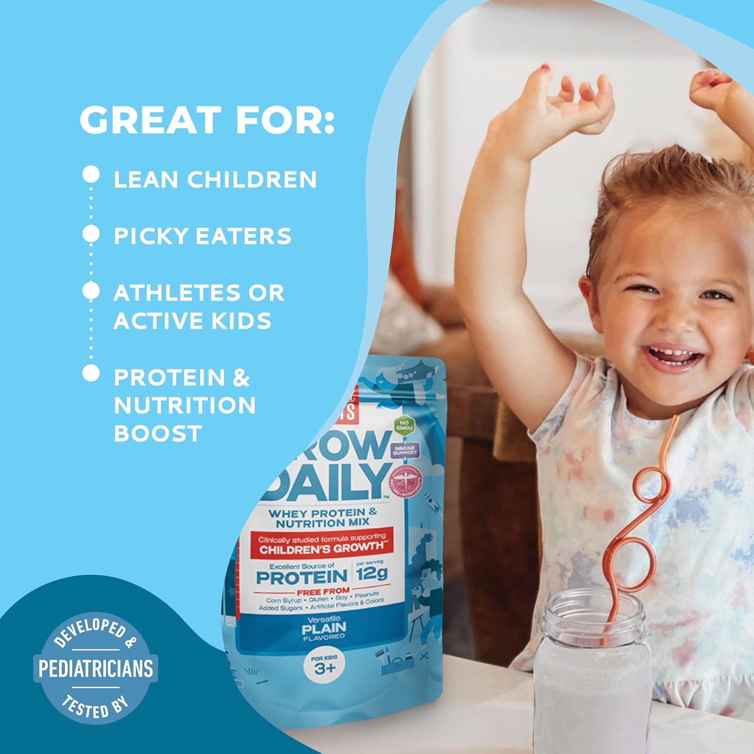 Pediatrician-Developed Healthy Heights Daily Protein Powder - High Protein Nutritional Shake with Essential Vitamins & Minerals, No Added Sugar
