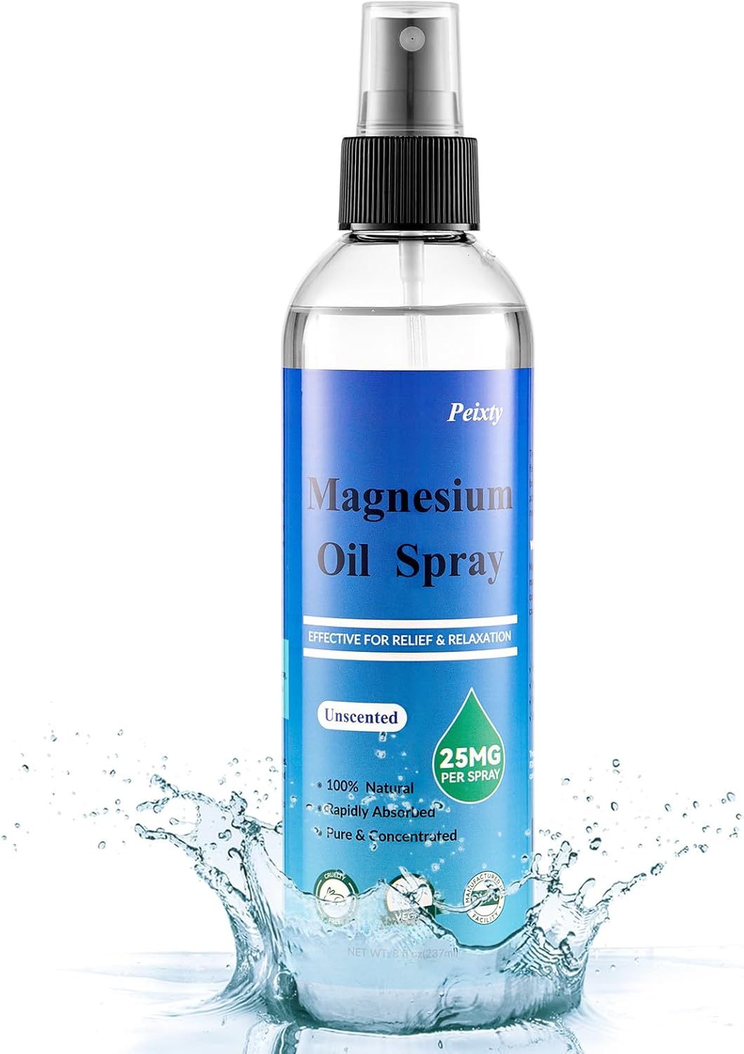 Peixty 100% Pure Magnesium Oil Spray, 8 fl oz - Less Itchy Topical Feet Spray - Magnesium Chloride from Ancient Zechstein Seabed - Unscented Formula