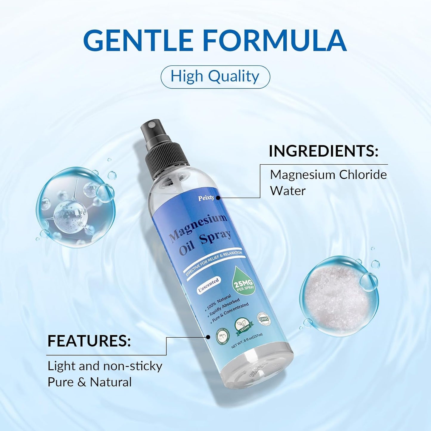 Peixty 100% Pure Magnesium Oil Spray, 8 fl oz - Less Itchy Topical Feet Spray - Magnesium Chloride from Ancient Zechstein Seabed - Unscented Formula