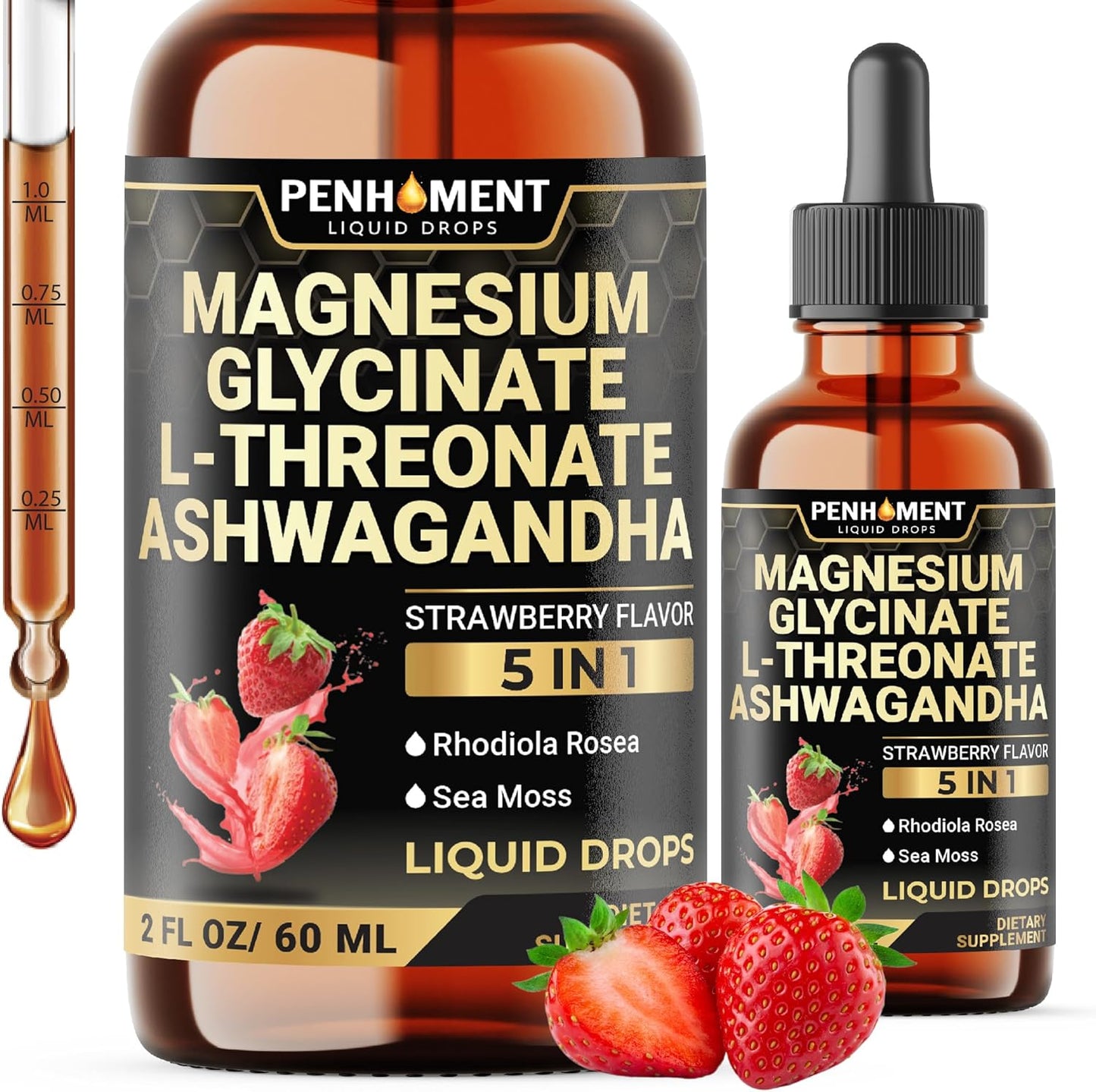 Penhoment 5in1 Magnesium Glycinate Liquid Drops with Ashwagadha Extract, Rhodiola Rosea, Sea Moss - Brain and Immune Support - 30-Day Supply - Strawberry Flavor - 2 Fl Oz