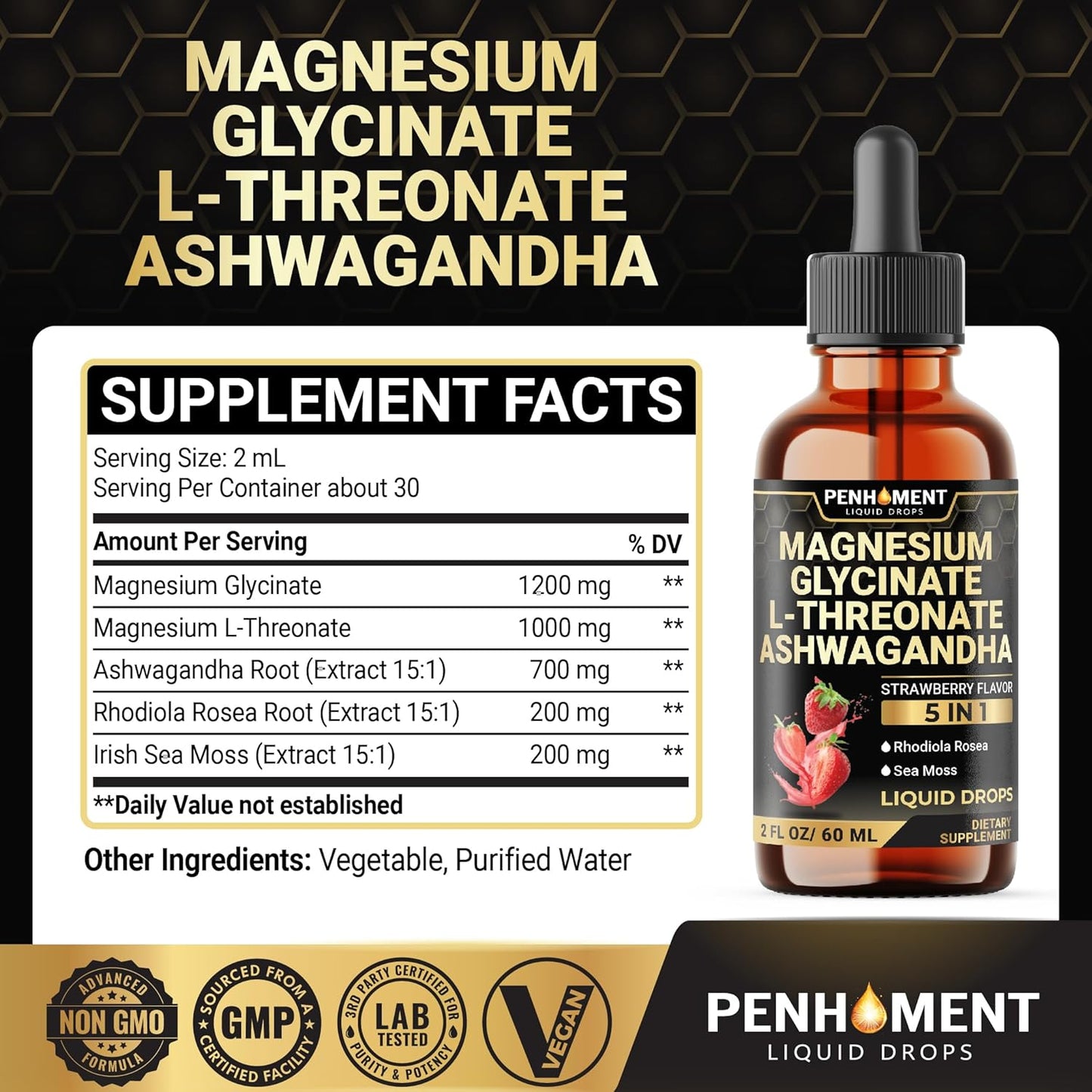 Penhoment 5in1 Magnesium Glycinate Liquid Drops with Ashwagadha Extract, Rhodiola Rosea, Sea Moss - Brain and Immune Support - 30-Day Supply - Strawberry Flavor - 2 Fl Oz