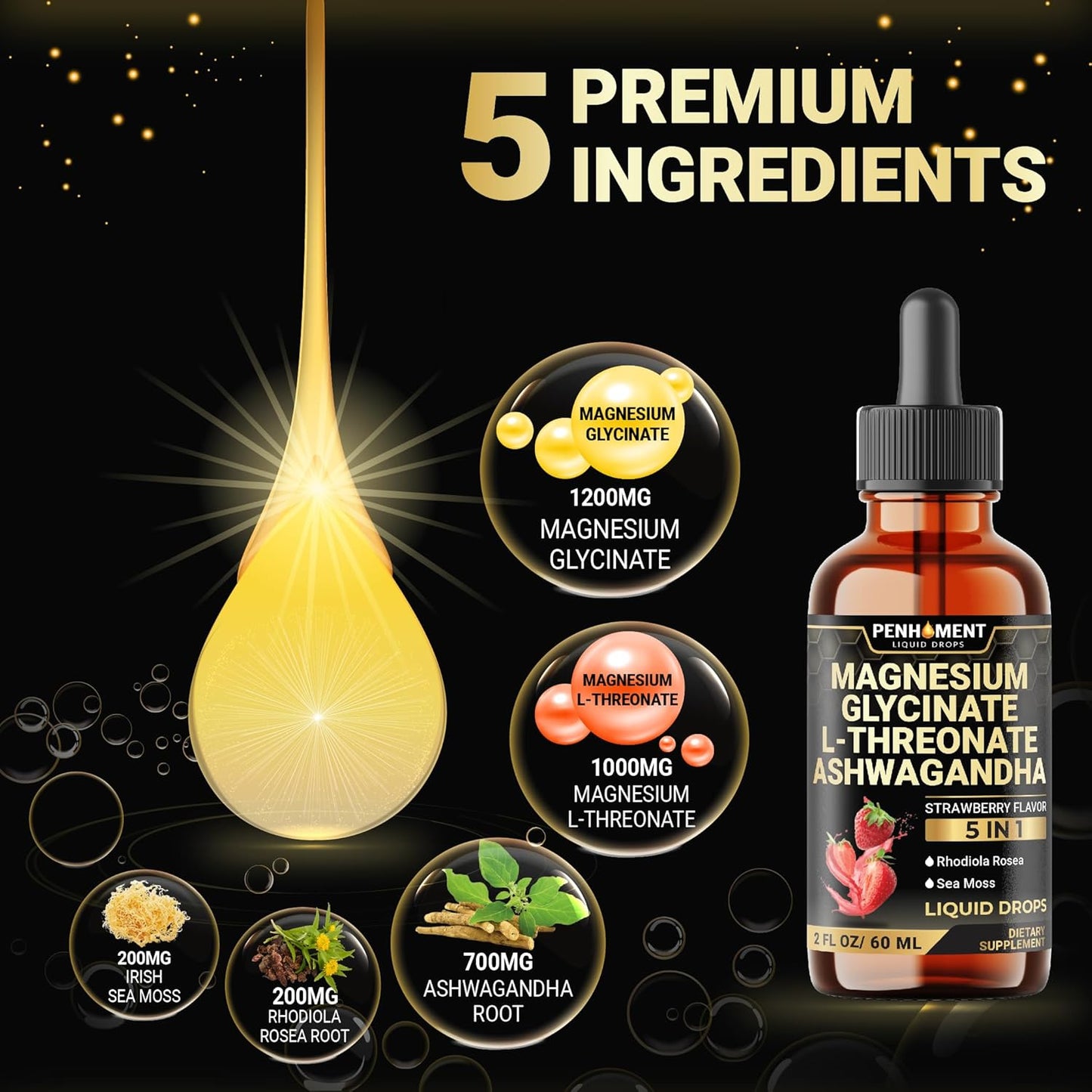 Penhoment 5in1 Magnesium Glycinate Liquid Drops with Ashwagadha Extract, Rhodiola Rosea, Sea Moss - Brain and Immune Support - 30-Day Supply - Strawberry Flavor - 2 Fl Oz