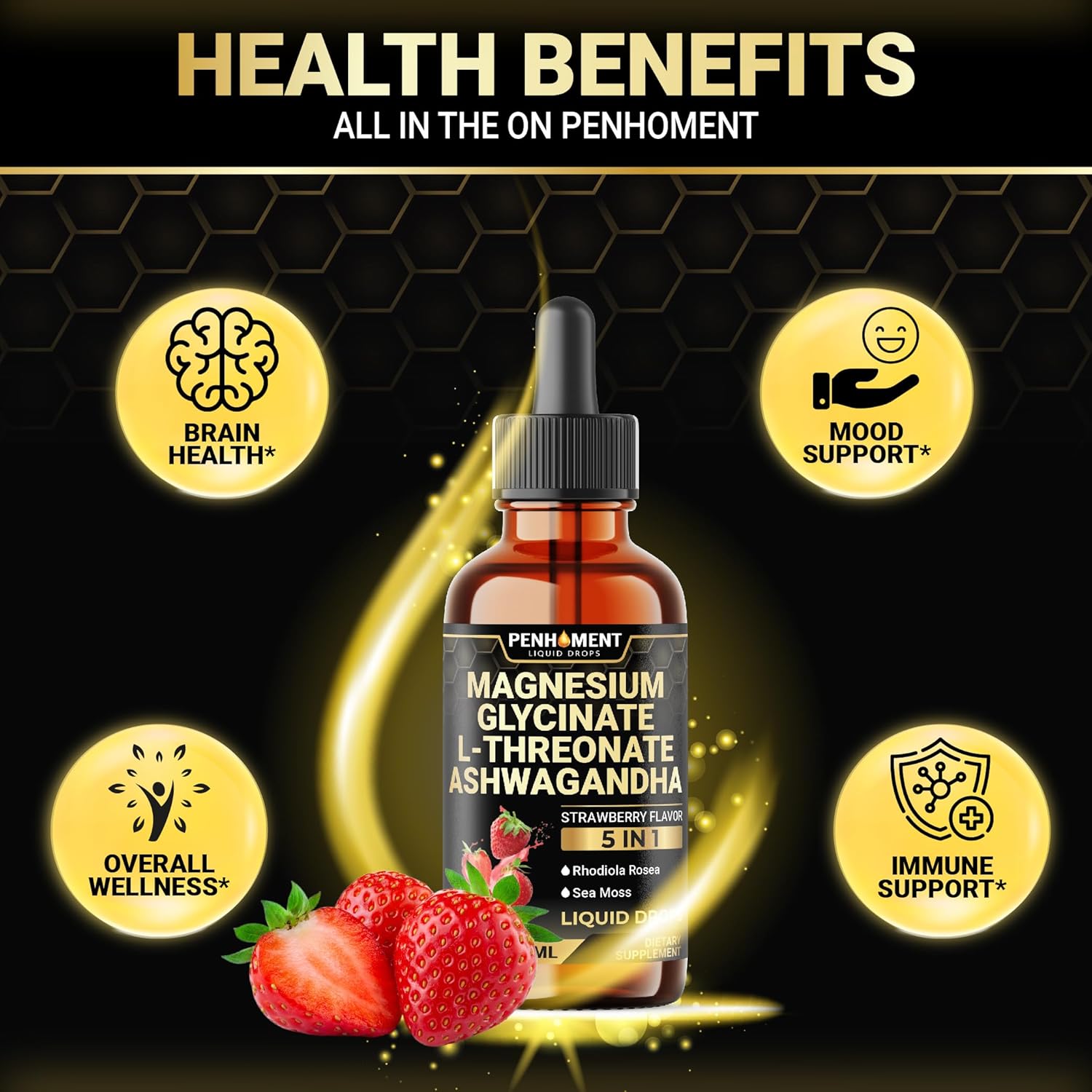 Penhoment 5in1 Magnesium Glycinate Liquid Drops with Ashwagadha Extract, Rhodiola Rosea, Sea Moss - Brain and Immune Support - 30-Day Supply - Strawberry Flavor - 2 Fl Oz