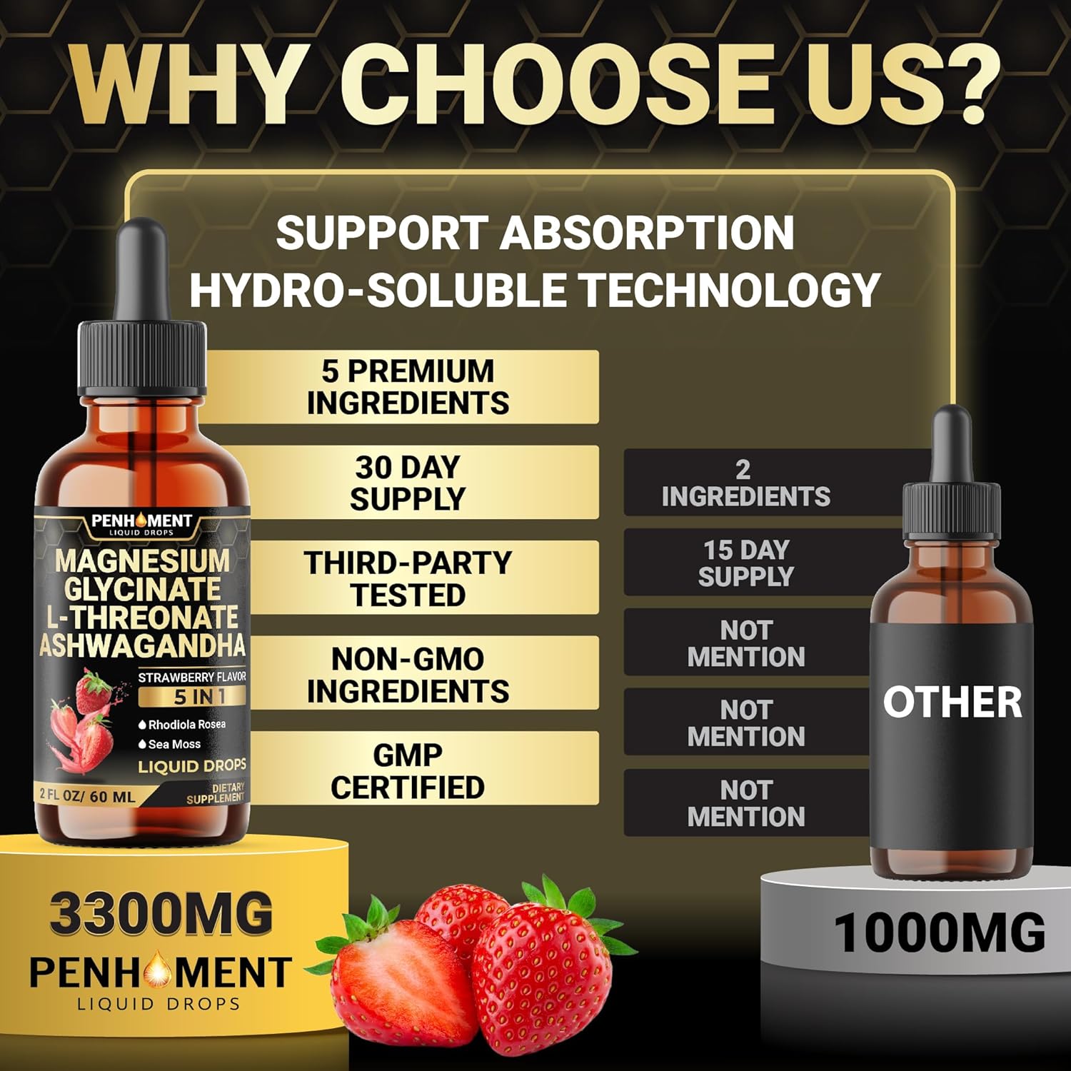 Penhoment 5in1 Magnesium Glycinate Liquid Drops with Ashwagadha Extract, Rhodiola Rosea, Sea Moss - Brain and Immune Support - 30-Day Supply - Strawberry Flavor - 2 Fl Oz