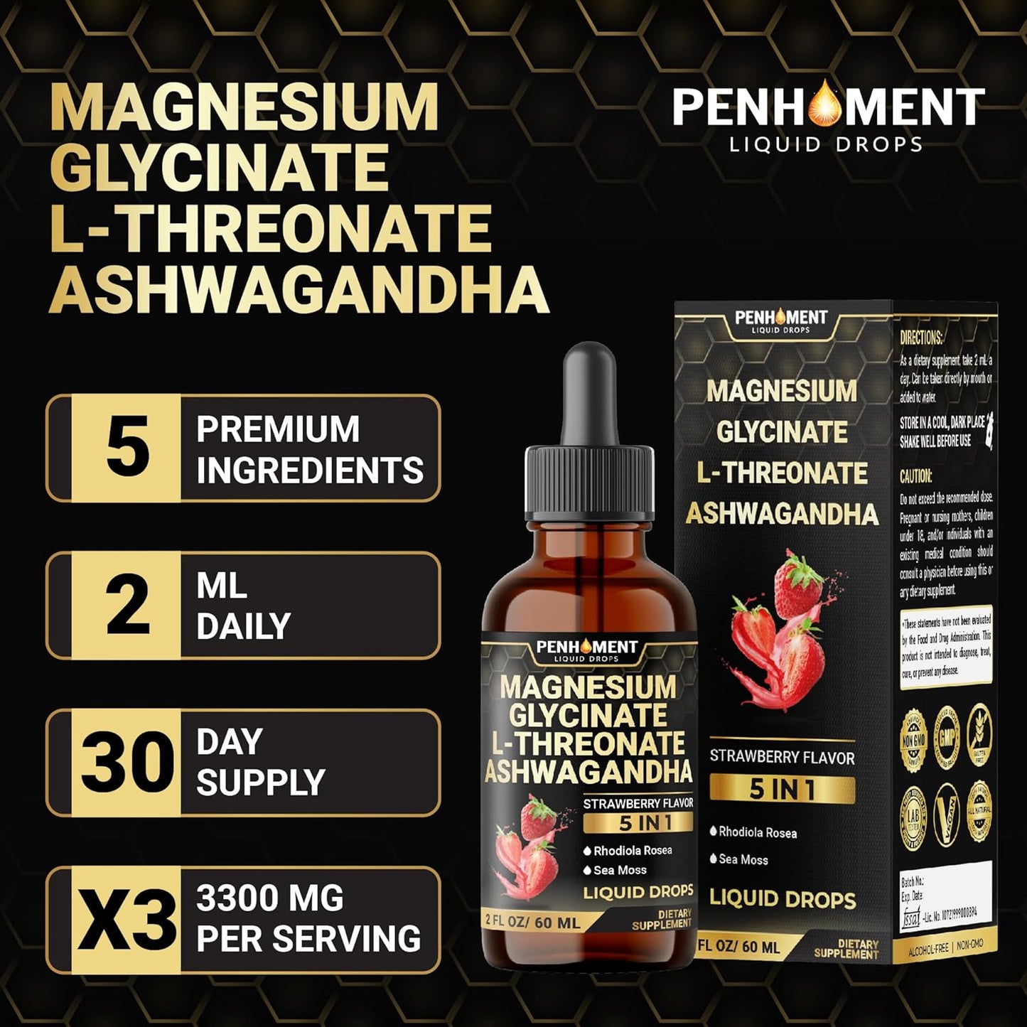 Penhoment 5in1 Magnesium Glycinate Liquid Drops with Ashwagadha Extract, Rhodiola Rosea, Sea Moss - Brain and Immune Support - 30-Day Supply - Strawberry Flavor - 2 Fl Oz