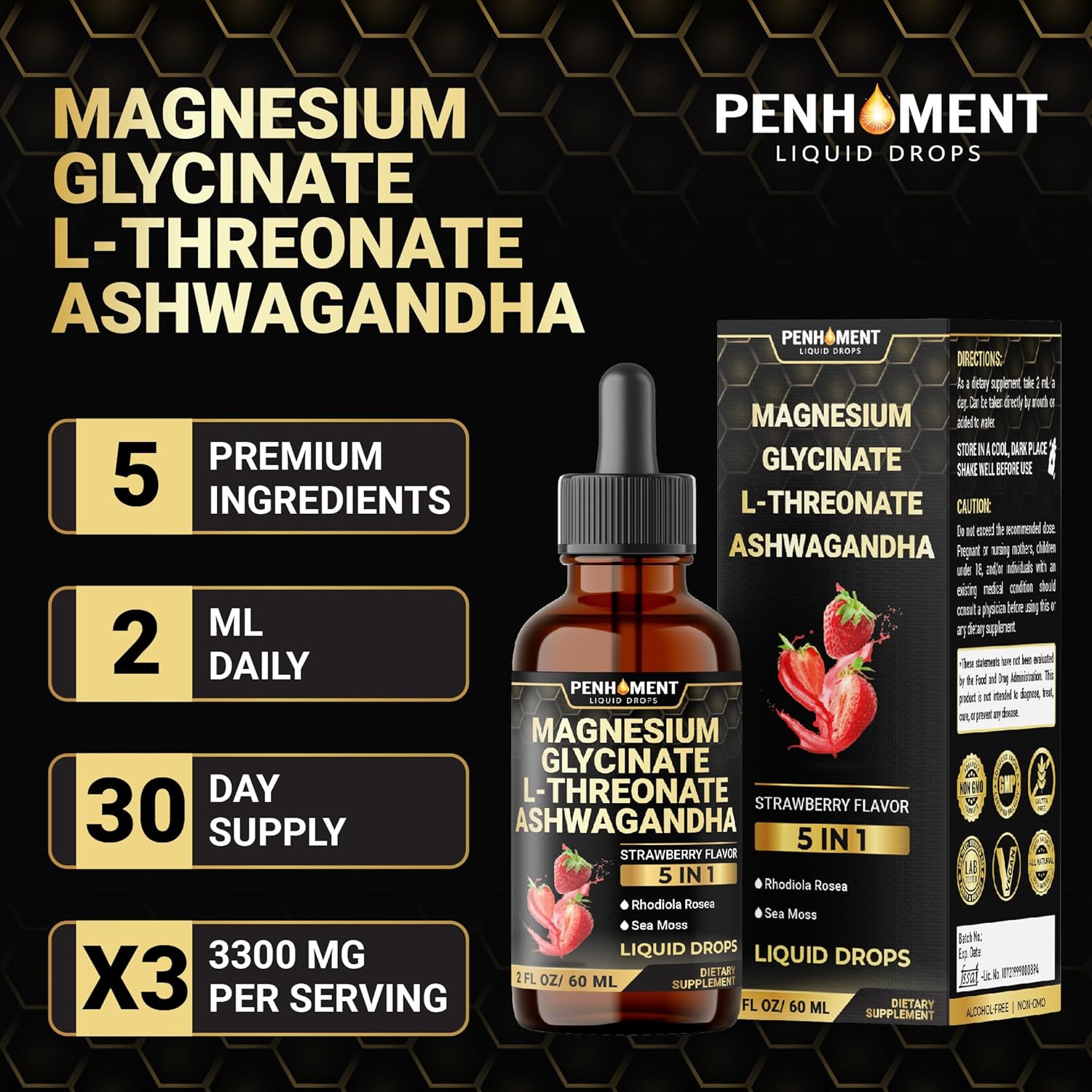 Penhoment 5in1 Magnesium Glycinate Liquid Drops with Ashwagadha Extract, Rhodiola Rosea, Sea Moss - Brain and Immune Support - 30-Day Supply - Strawberry Flavor - 2 Fl Oz