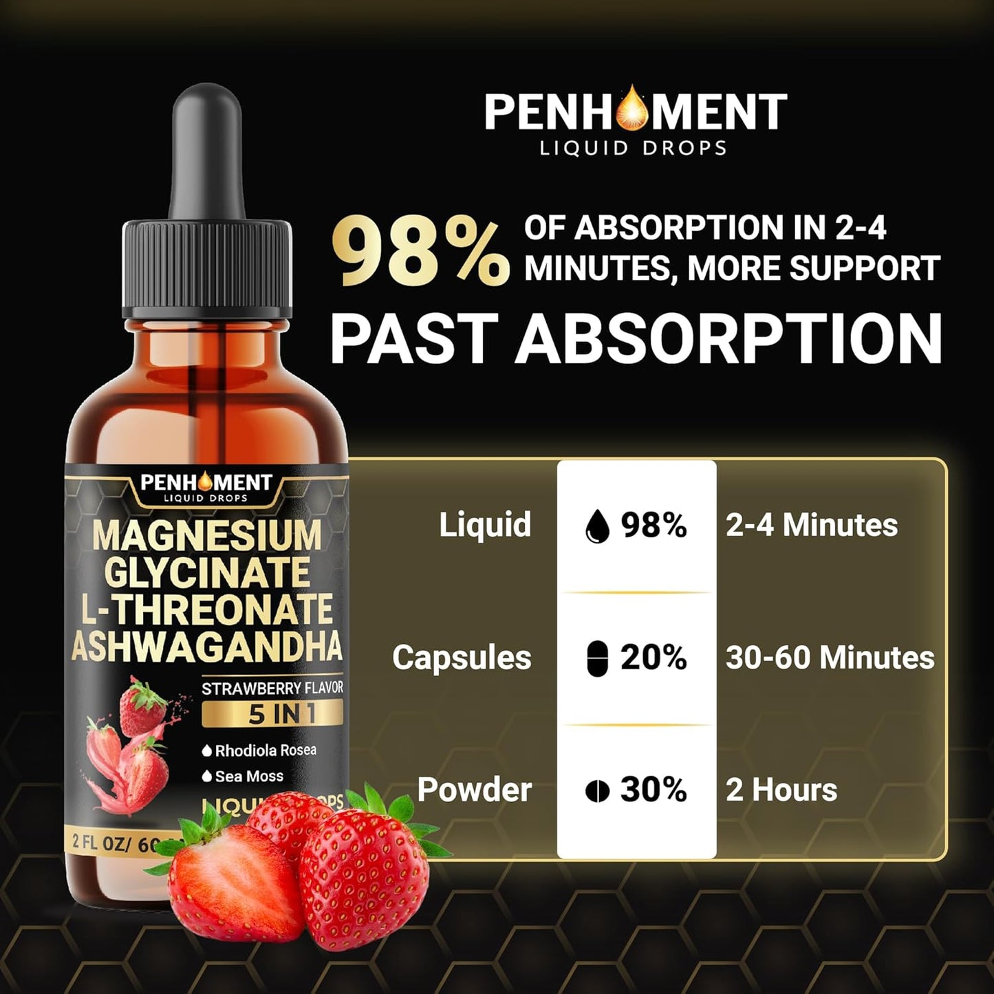 Penhoment 5in1 Magnesium Glycinate Liquid Drops with Ashwagadha Extract, Rhodiola Rosea, Sea Moss - Brain and Immune Support - 30-Day Supply - Strawberry Flavor - 2 Fl Oz