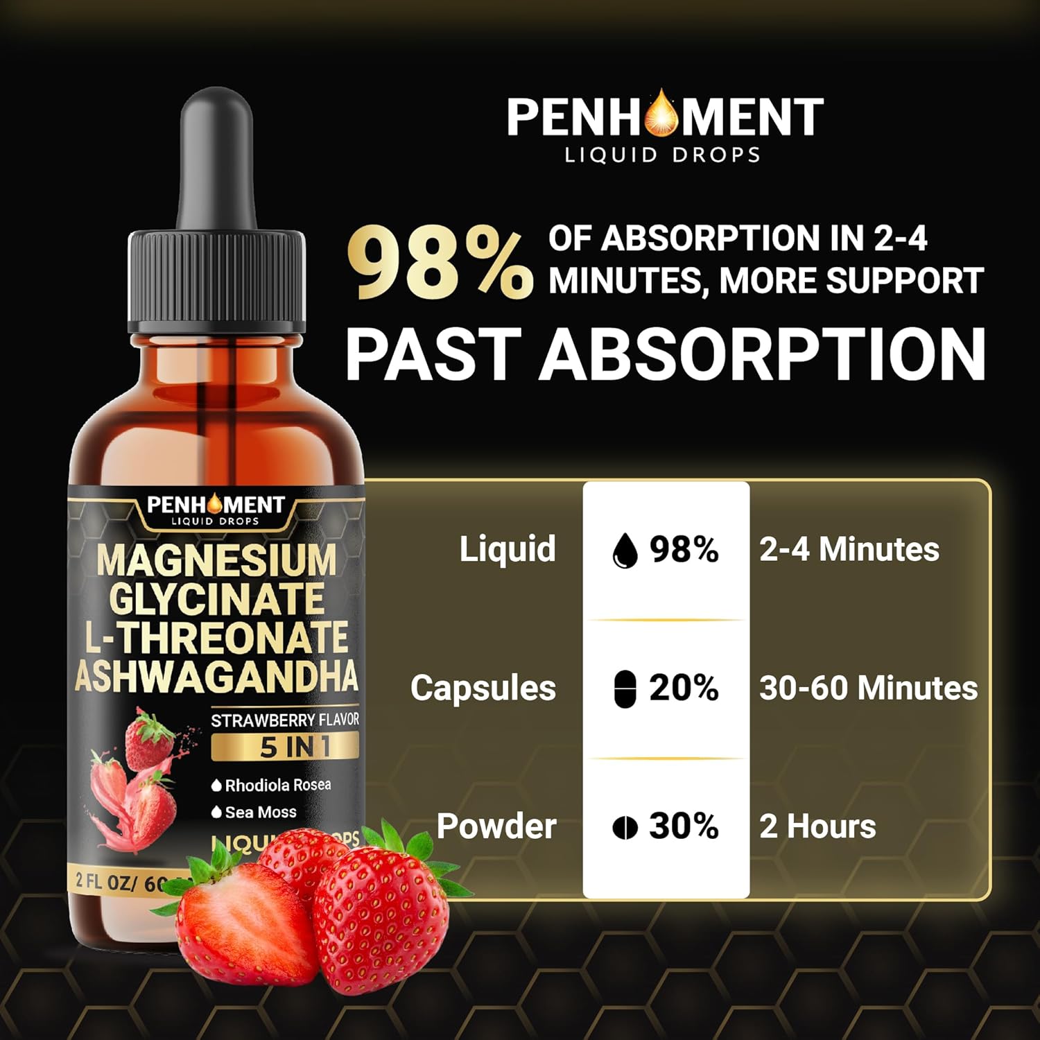 Penhoment 5in1 Magnesium Glycinate Liquid Drops with Ashwagadha Extract, Rhodiola Rosea, Sea Moss - Brain and Immune Support - 30-Day Supply - Strawberry Flavor - 2 Fl Oz