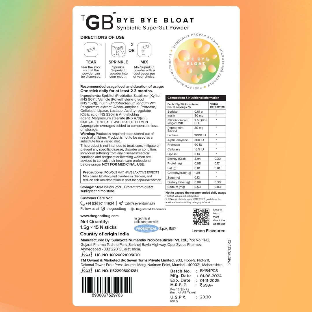 Peppermint & Inulin Synbiotic Fiber Powder with 2.5 Bn CFU - Probiotic and Prebiotic Gut Health Supplement for Men and Women - Boost Digestive Health and Immunity - 60 Day Supply