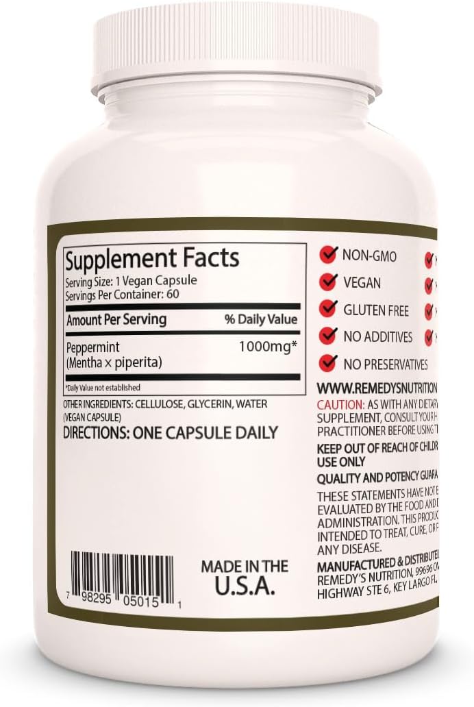 Peppermint Leaf 1,000mg Capsules | Herbal Dietary Supplement | Two Month Supply | Non-GMO, Gluten Free, Dairy Free, No Additives