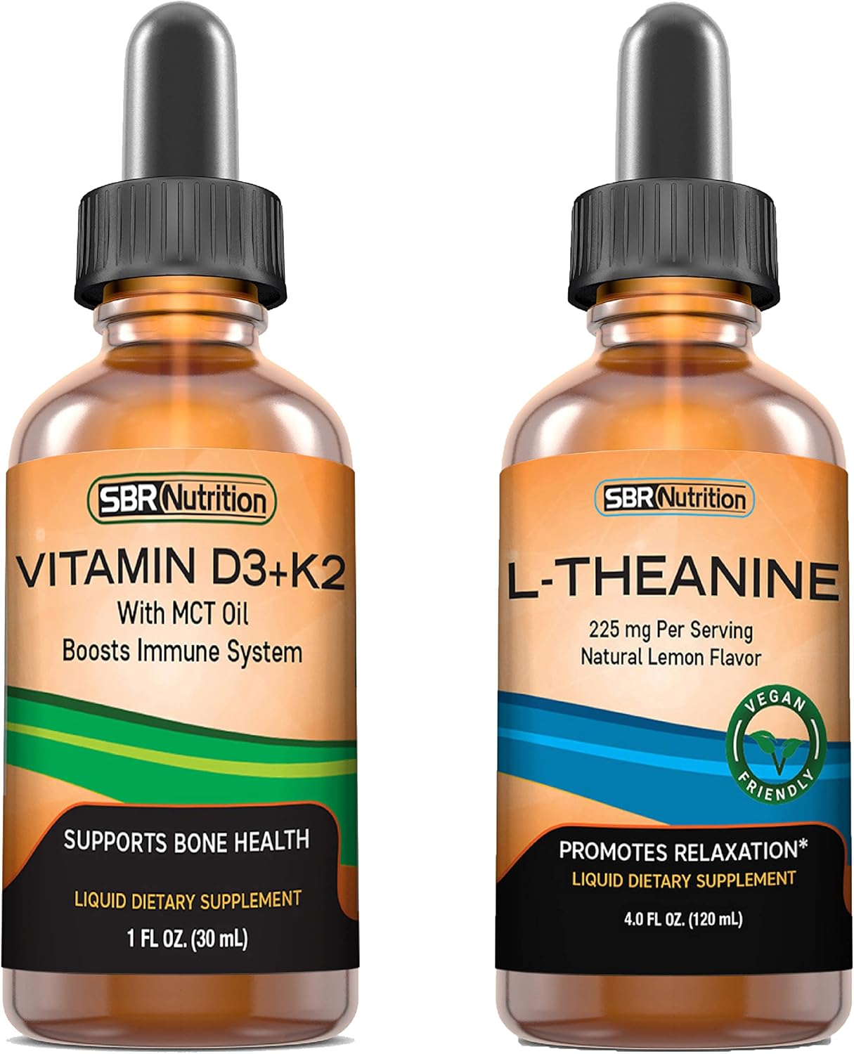 Peppermint Liquid Drops Bundle: Vitamin D3K2 (MK7) and L-Theanine for Adults & Kids, Non-GMO, Gluten Free