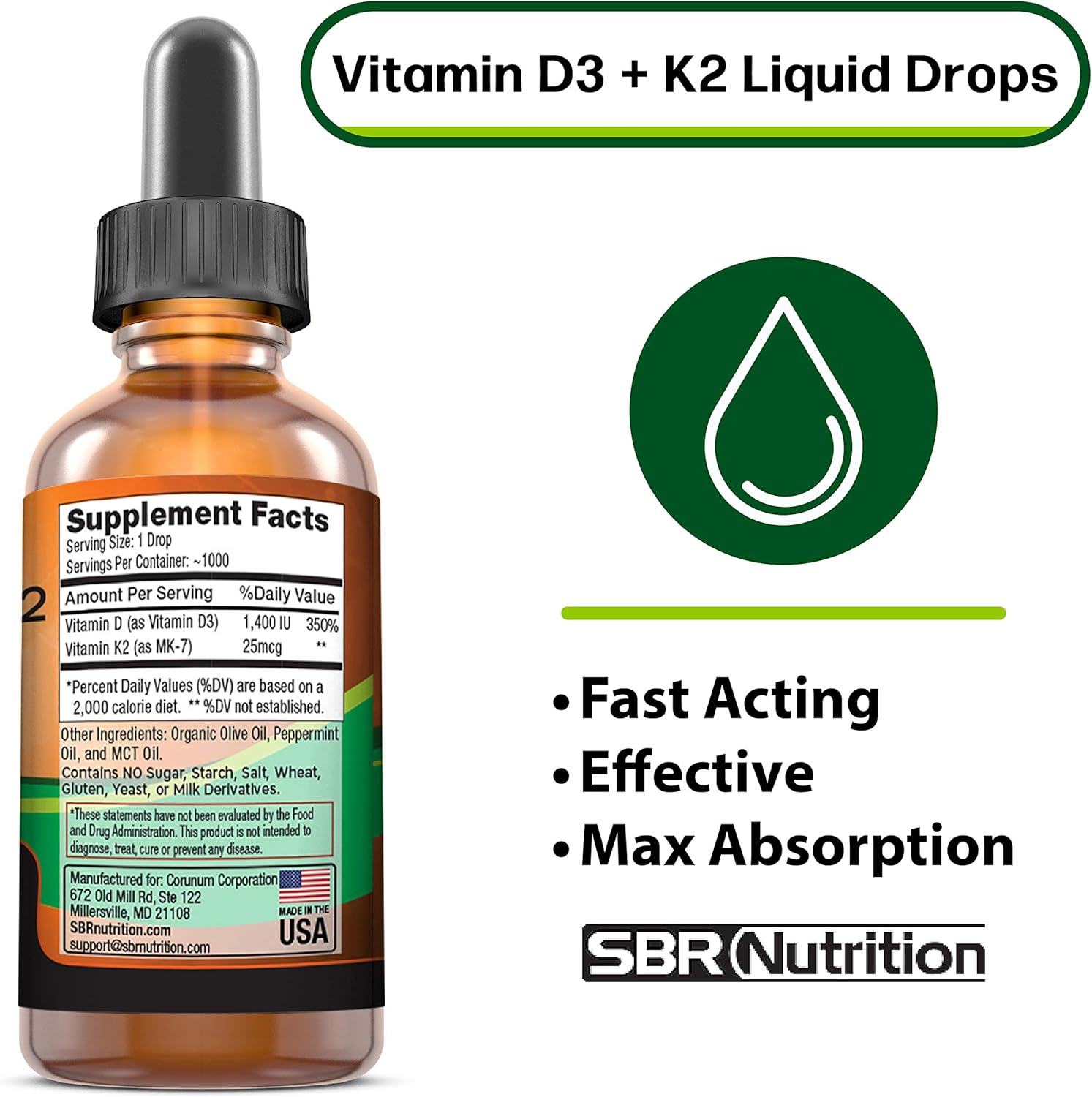 Peppermint Liquid Drops Bundle: Vitamin D3K2 (MK7) and L-Theanine for Adults & Kids, Non-GMO, Gluten Free