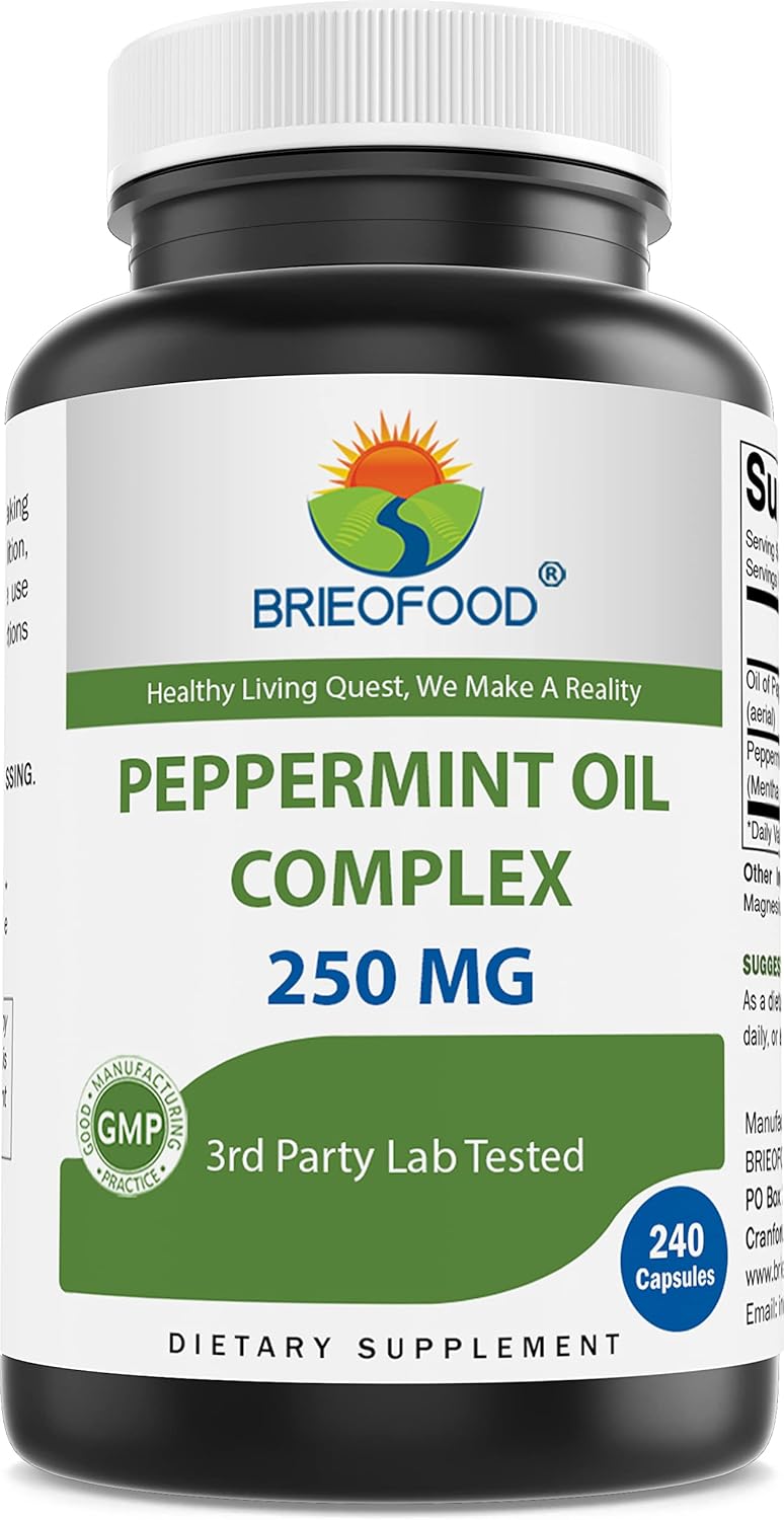 Peppermint Oil Complex Capsules - 250mg - 240 Count - Promotes Gut Health, Bowel Comfort - Gluten-Free & Non-GMO - Brieofood