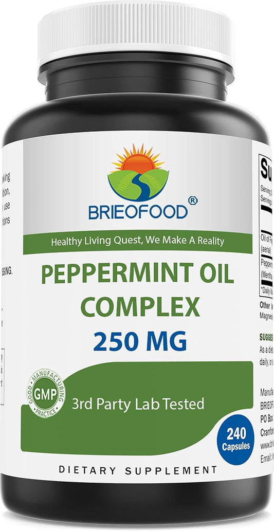 Peppermint Oil Complex Capsules - 250mg - 240 Count - Promotes Gut Health, Bowel Comfort - Gluten-Free & Non-GMO - Brieofood