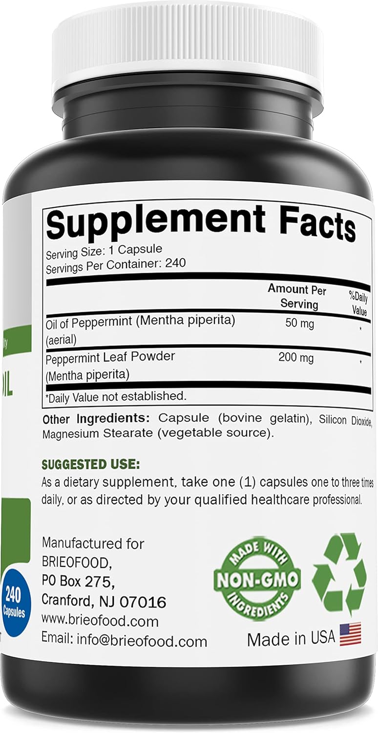 Peppermint Oil Complex Capsules - 250mg - 240 Count - Promotes Gut Health, Bowel Comfort - Gluten-Free & Non-GMO - Brieofood