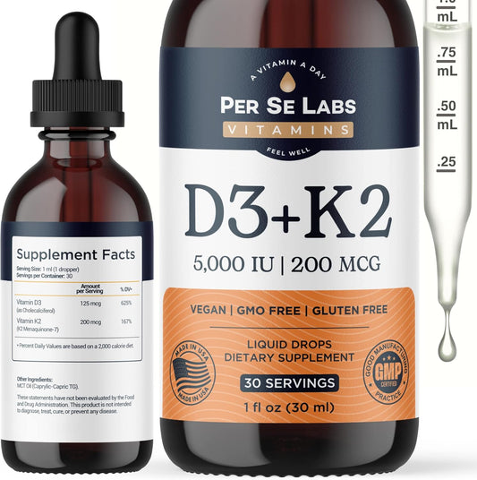 Per Se Labs Vitamin D3 K2 Liquid Drops - 5,000 IU + 200mcg Max Absorption Immune Support - Vegan - Non-GMO - Gluten, Dairy, Soy, Alcohol Free - 1 Oz