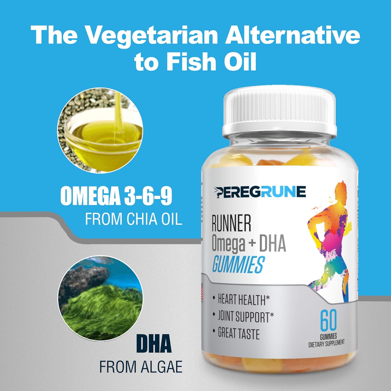 PEREGRUNE Omega 3, 6, and 9 Gummies with DHA for Runners - Daily Heart & Joint Health Supplements - Low Sugar - GMP Certified