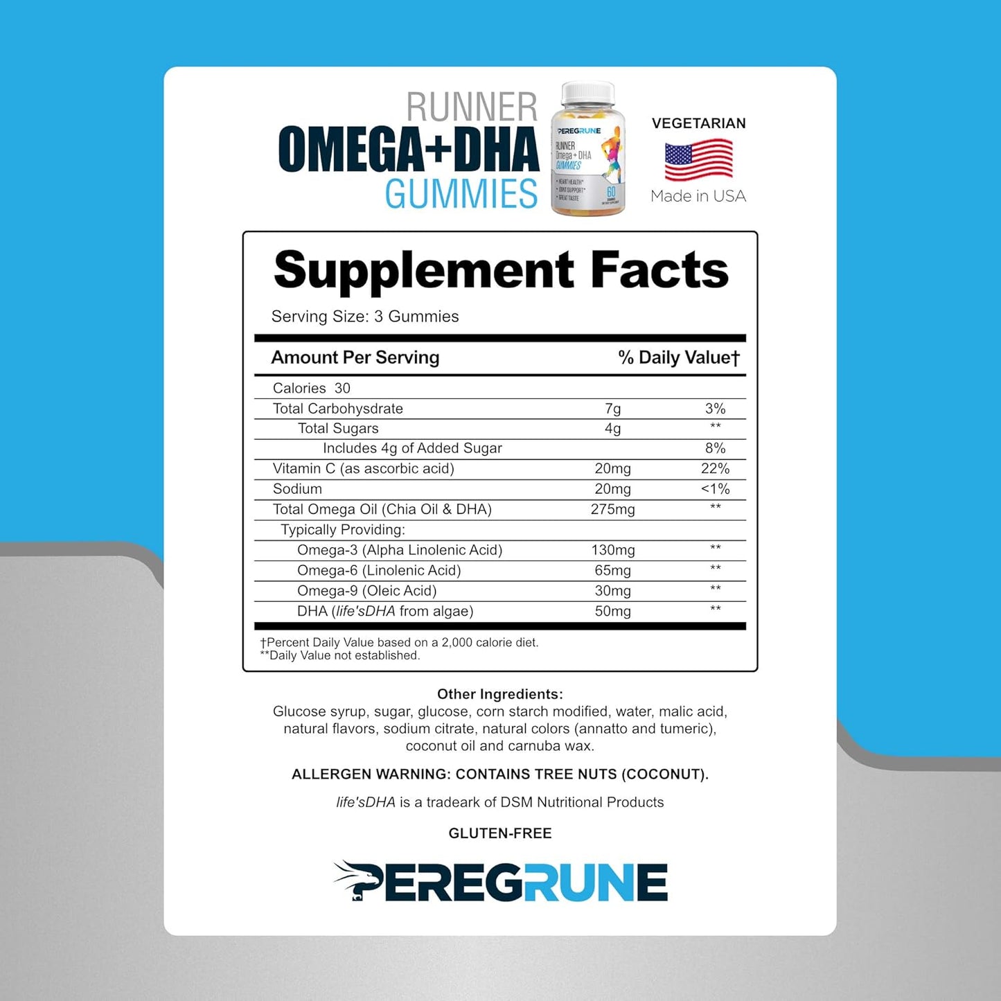 PEREGRUNE Omega 3, 6, and 9 Gummies with DHA for Runners - Daily Heart & Joint Health Supplements - Low Sugar - GMP Certified