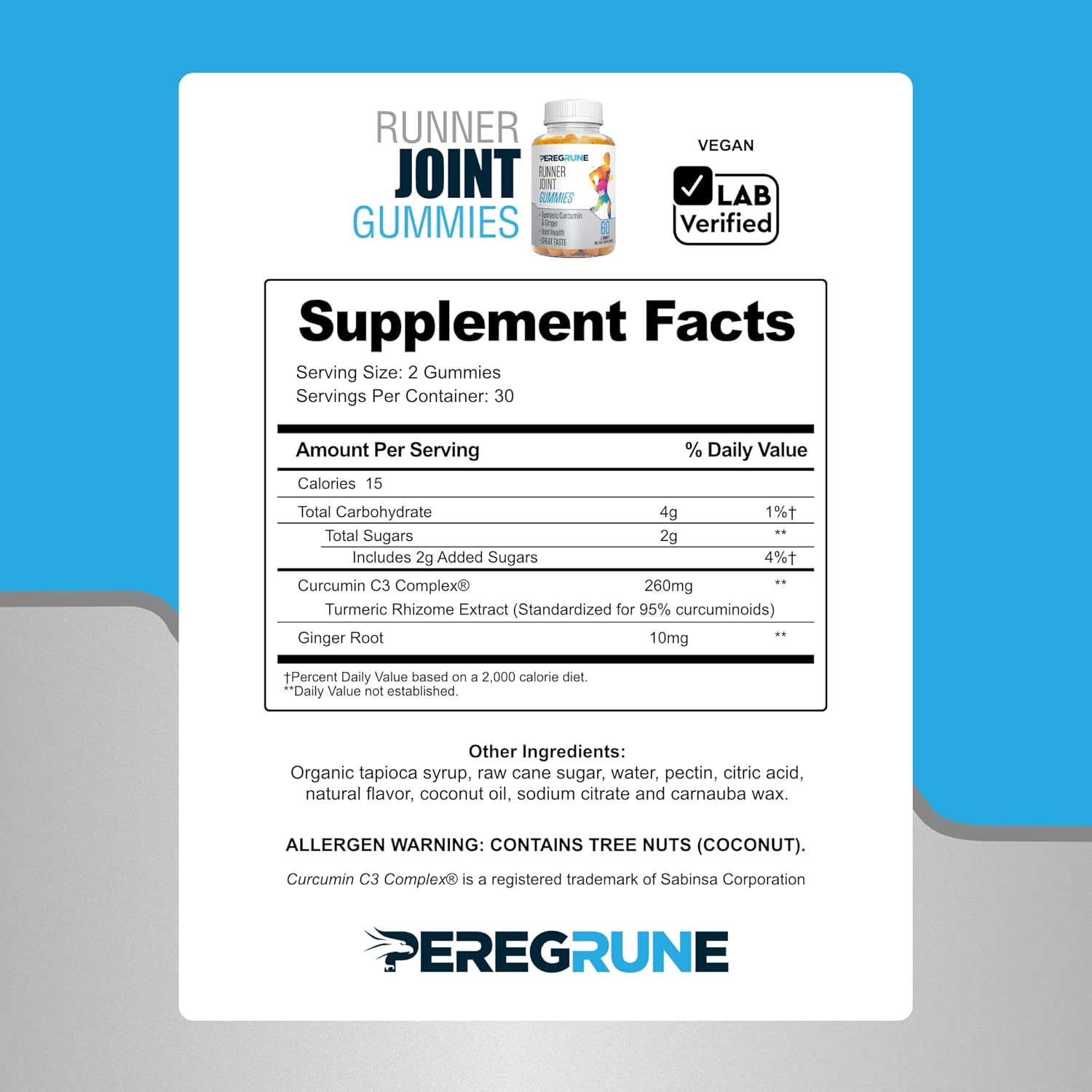 PEREGRUNE Running Joint Support Gummies - Promotes Knee & Cartilage Health with Turmeric & Ginger - Low Sugar Formula - GMP Certified - 50% Less Sugar