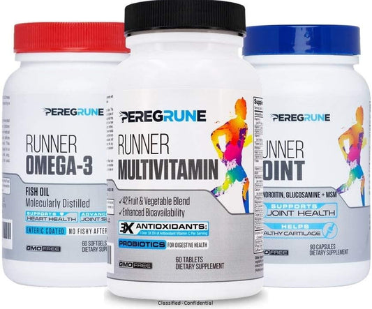 PEREGRUNE Running Supplement Bundle: Joint Support, Omega-3, & Vitamins for Runners | Antioxidants, Probiotics, Glucosamine, EPA/DHA Fish Oil | 1 Month Supply