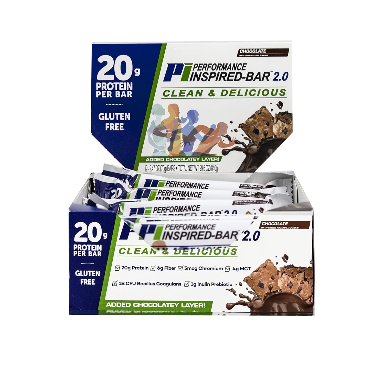 Performance Inspired Nutrition Protein Bar 2.0 - 20G Protein, 6G Fiber, 4G MCTs, Probiotics - Chocolate Flavor - 12 Bars