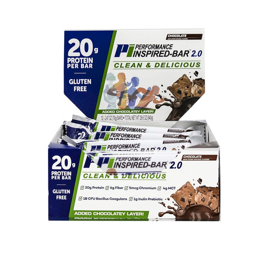 Performance Inspired Nutrition Protein Bar 2.0 - 20G Protein, 6G Fiber, 4G MCTs, Probiotics - Chocolate Flavor - 12 Bars