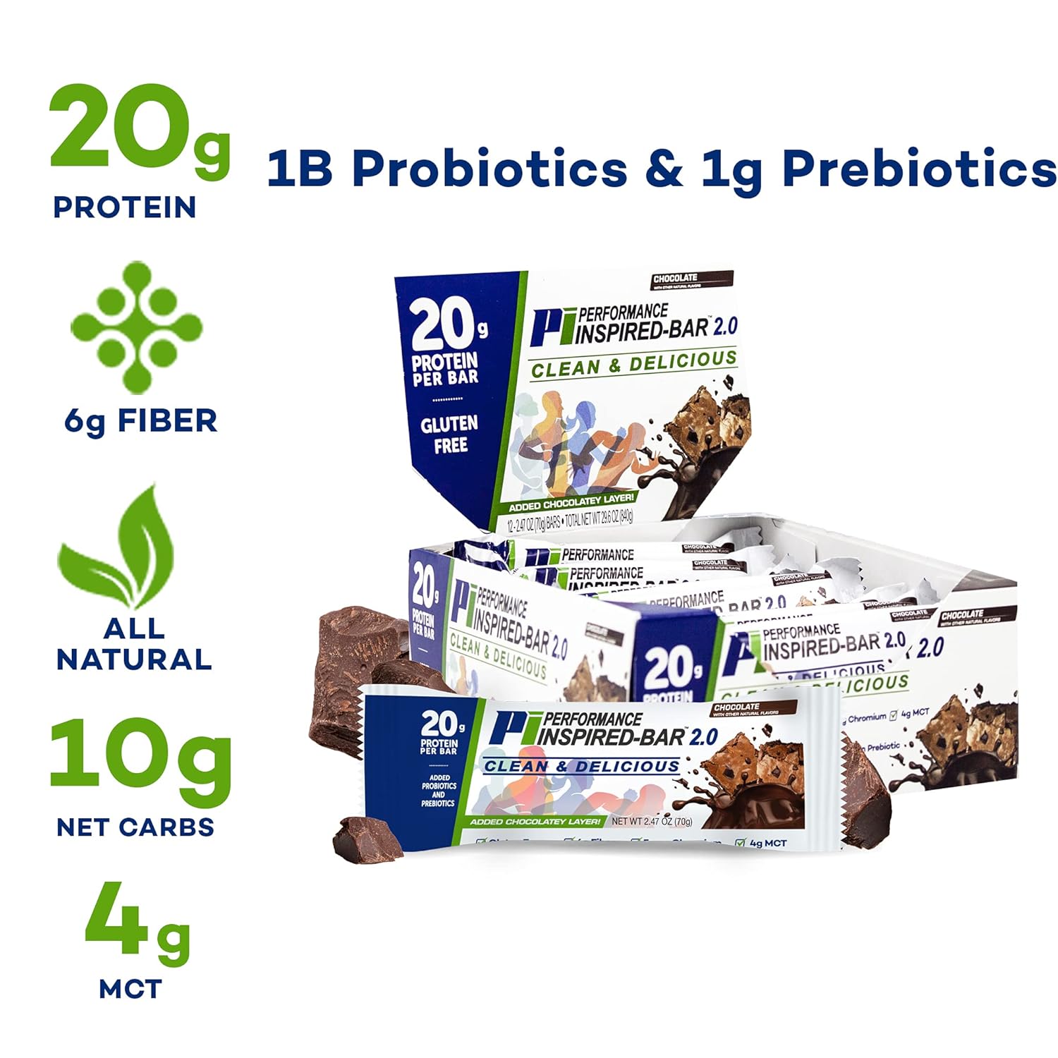 Performance Inspired Nutrition Protein Bar 2.0 - 20G Protein, 6G Fiber, 4G MCTs, Probiotics - Chocolate Flavor - 12 Bars