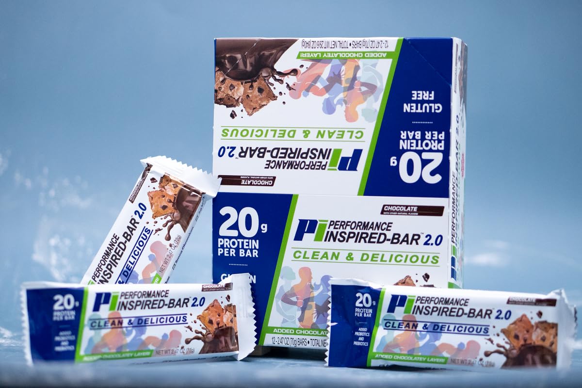 Performance Inspired Nutrition Protein Bar 2.0 - 20G Protein, 6G Fiber, 4G MCTs, Probiotics - Chocolate Flavor - 12 Bars
