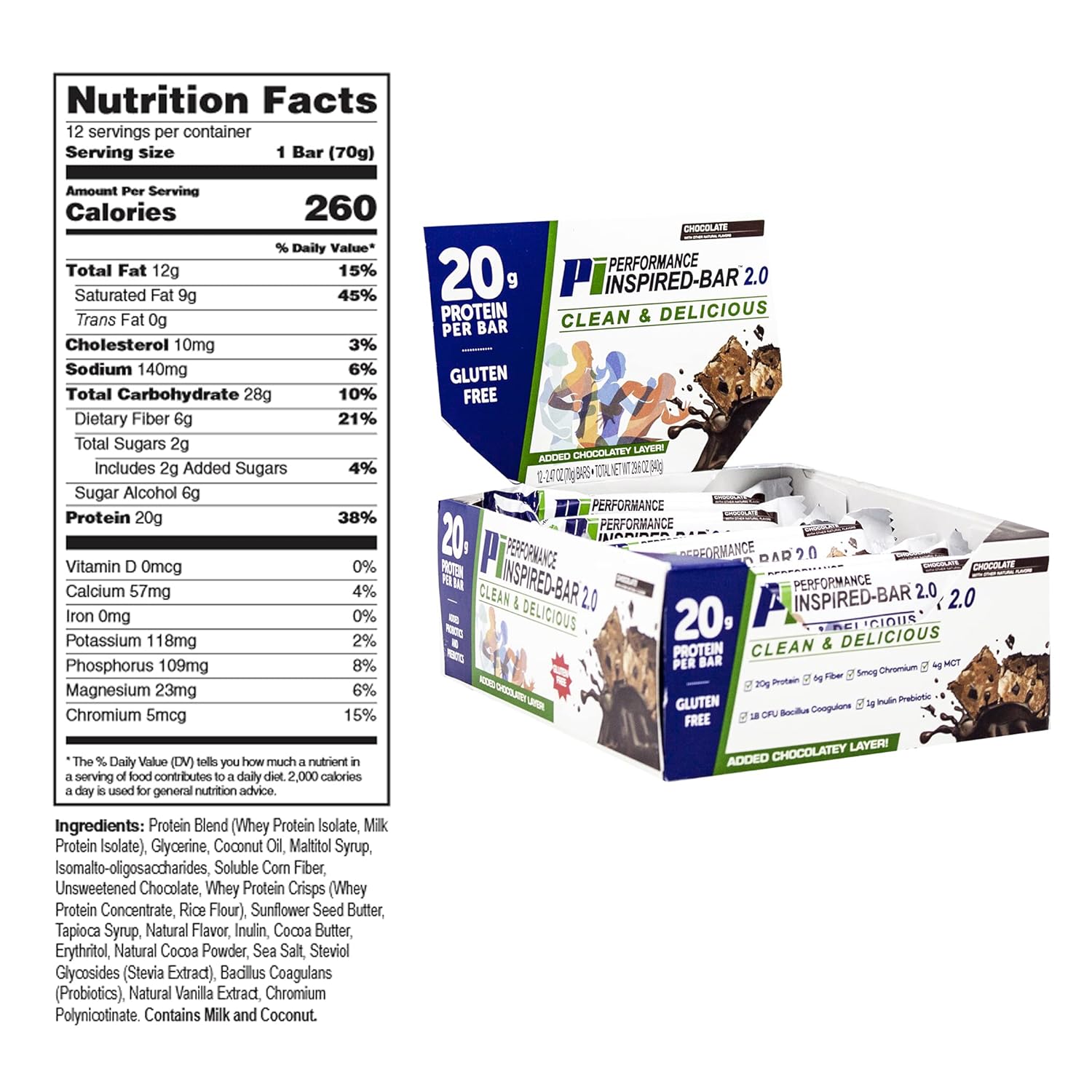 Performance Inspired Nutrition Protein Bar 2.0 - 20G Protein, 6G Fiber, 4G MCTs, Probiotics - Chocolate Flavor - 12 Bars