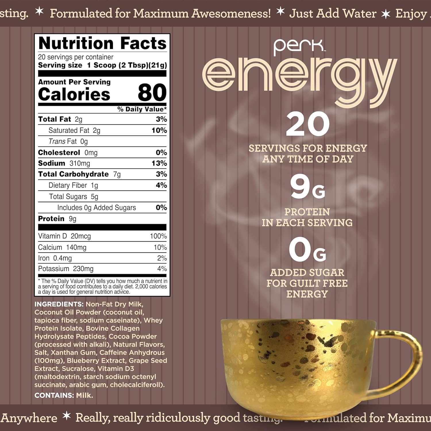 Perk Energy Original Dark Chocolate Salted Caramel Pretzel - 20 Servings, Gluten-Free, Soy-Free, Peanut-Free