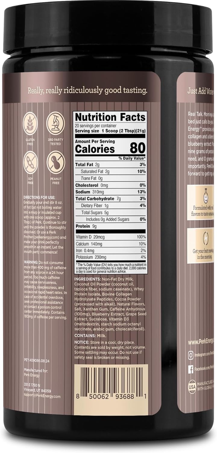 Perk Energy Original Dark Chocolate Salted Caramel Pretzel - 20 Servings, Gluten-Free, Soy-Free, Peanut-Free
