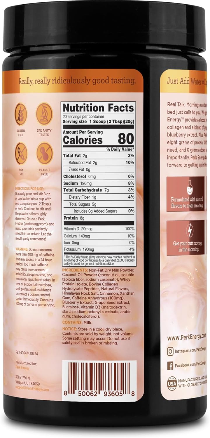 Perk Energy Original Horchata Powder - 20 Servings, Gluten-Free & Peanut-Free Energy Drink