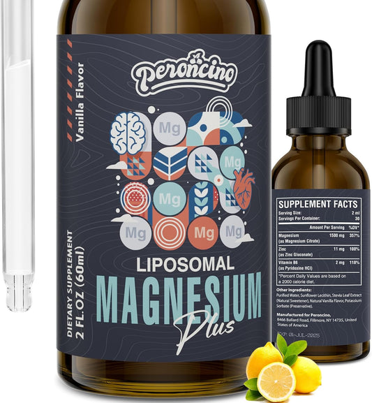 Peroncino Liposomal Magnesium Citrate Drops with Vitamin B6 and Zinc for Gut, Bone Health, Mood, Stress - 60ml