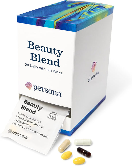 Persona Nutrition Beauty Blend Vitamin Pack with Hyaluronic Acid, Collagen, Borage, Saffron, Vitamin C - 28 Pack for Hair, Skin, Nails