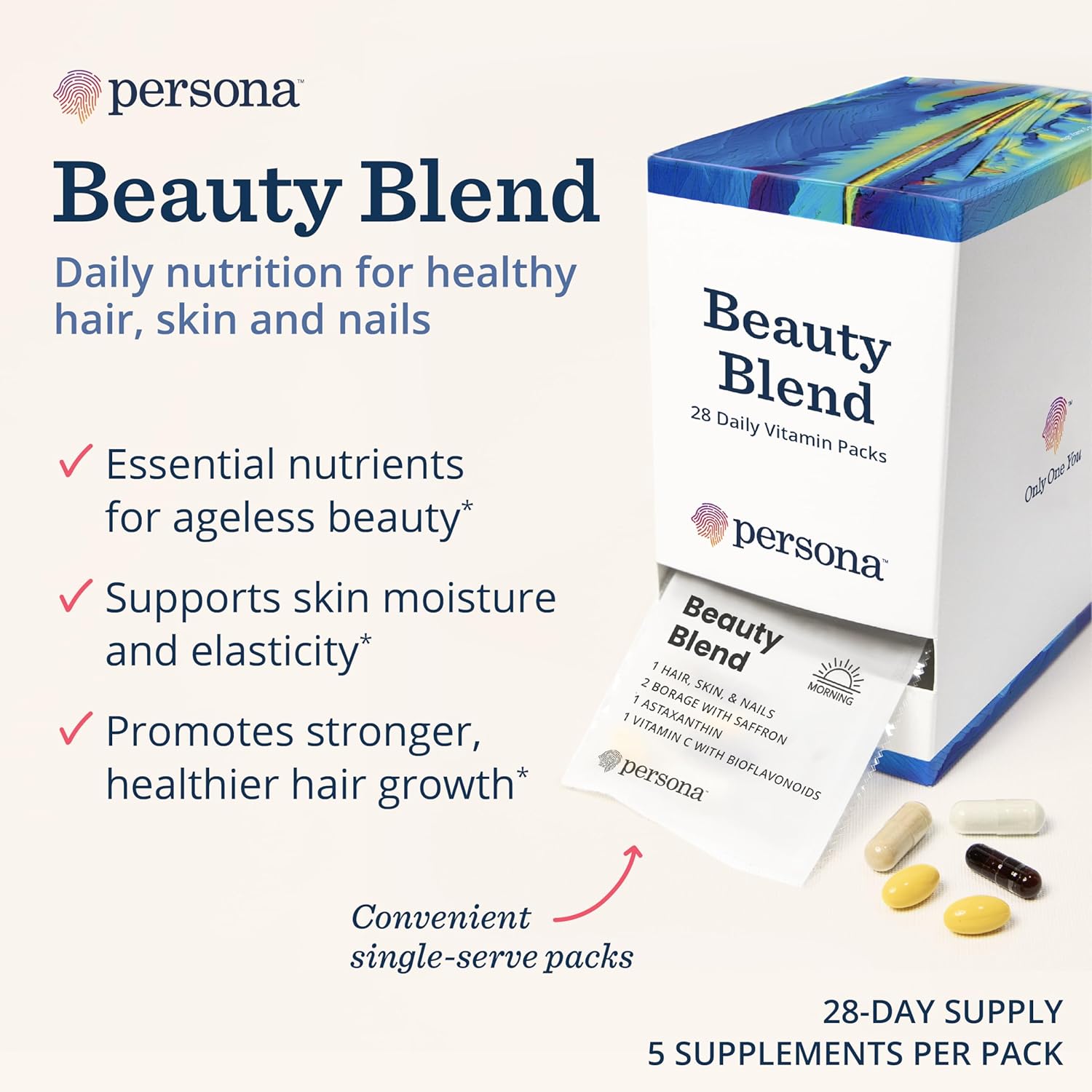 Persona Nutrition Beauty Blend Vitamin Pack with Hyaluronic Acid, Collagen, Borage, Saffron, Vitamin C - 28 Pack for Hair, Skin, Nails