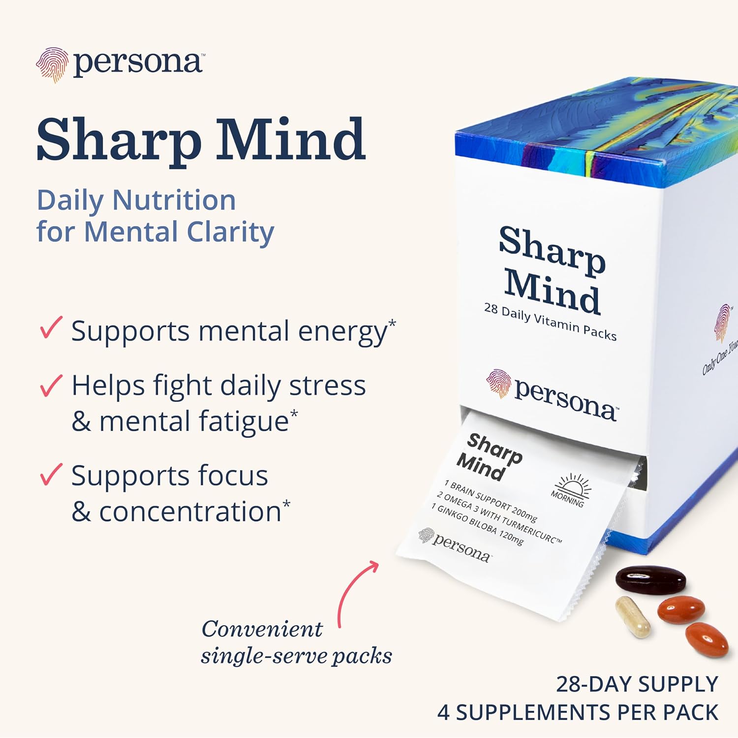 Persona Nutrition Mental Clarity & Focus Vitamin Pack - Ginkgo Biloba, Omega 3, Turmeric (28 Pack)
