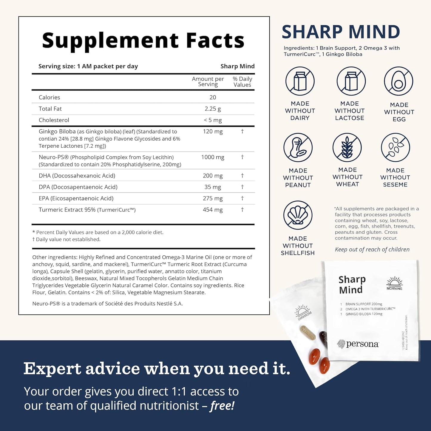 Persona Nutrition Mental Clarity & Focus Vitamin Pack - Ginkgo Biloba, Omega 3, Turmeric (28 Pack)