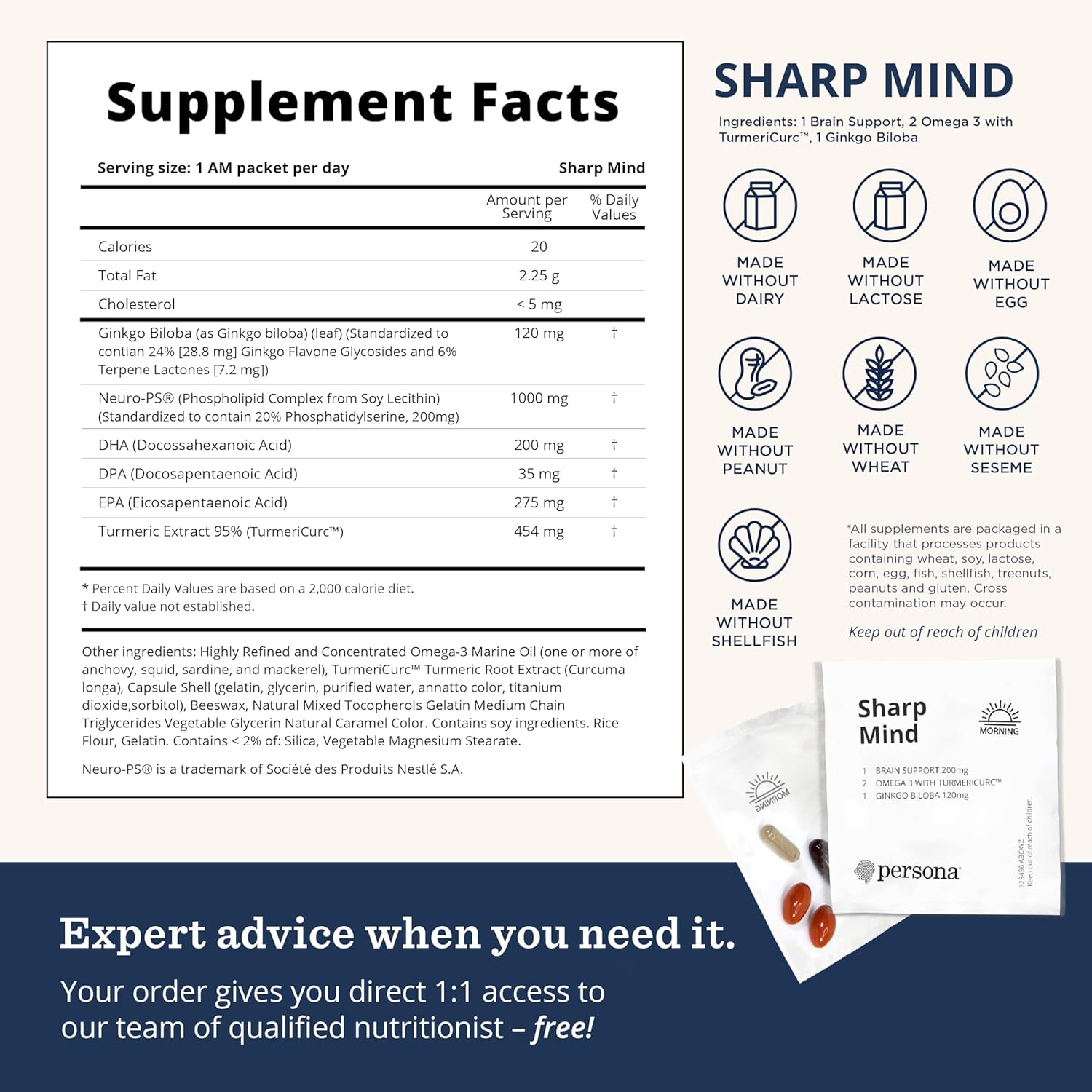 Persona Nutrition Mental Clarity & Focus Vitamin Pack - Ginkgo Biloba, Omega 3, Turmeric (28 Pack)