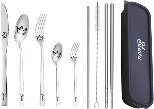 Personalized Stainless Steel Travel Cutlery Set with Case - Custom Engraved Reusable Utensils for Camping, Work, Picnics