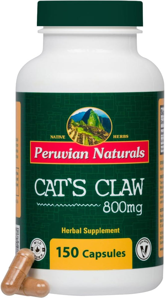 Peruvian Naturals Cat's Claw 800mg Capsules - Vegan Cats Claw Bark from Peru - 150 Ct. | Corteza UNA de Gato - 100% Natural